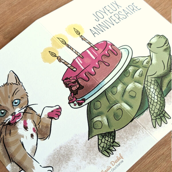 Carte illustrée joyeux anniversaire tortue et chaton