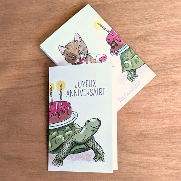 Carte illustrée joyeux anniversaire tortue et chaton