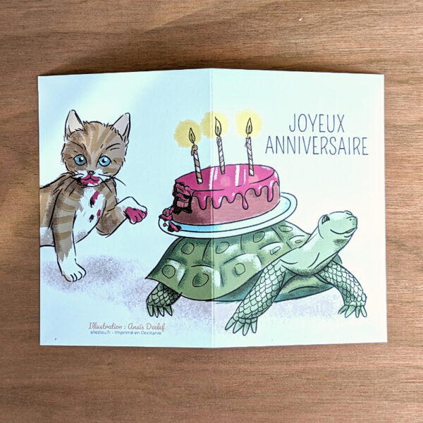 Carte illustrée joyeux anniversaire tortue et chaton