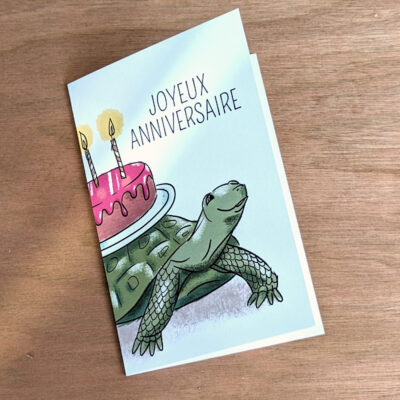 Carte illustrée joyeux anniversaire tortue et chaton