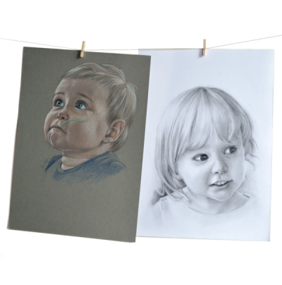 Dessin sur commande : Portrait d'enfant et de bébé à la demande aux crayons